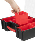 Heavy Duty 8 Bin Hardware Organizer With Removable Bins Portable Tool Box for nuts bolts screws nails, showing a hand removing a bin.