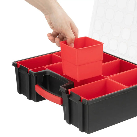Heavy Duty 8 Bin Hardware Organizer With Removable Bins Portable Tool Box for nuts bolts screws nails, showing a hand removing a bin.