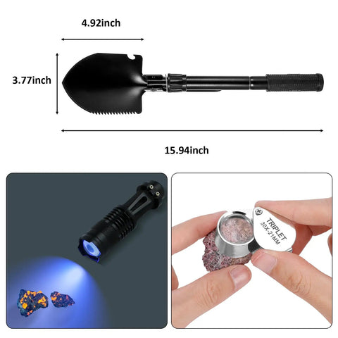 Complete Geology Rock Kit With 28 Oz Rock Hammer And 12 Inch Mason Chisel shown with flashlight, loupe, and rocks.