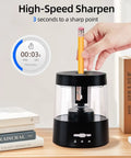 Must Have Electric Pencil Sharpener for Home and School Powered by USB or AA Batteries, Adjustable 6 to 8 Mm Blades, Sleek Black, Fast Sharpening, Mess Reducing, Portable and Easy to Use for Kids and Adults; black electric pencil sharpener on desk with pencil
