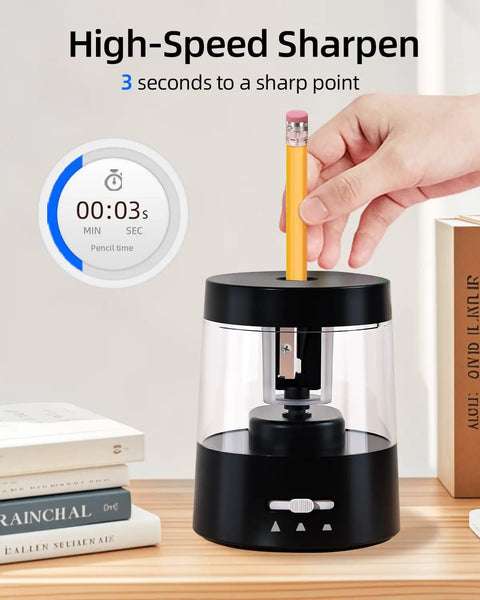 Must Have Electric Pencil Sharpener for Home and School Powered by USB or AA Batteries, Adjustable 6 to 8 Mm Blades, Sleek Black, Fast Sharpening, Mess Reducing, Portable and Easy to Use for Kids and Adults; black electric pencil sharpener on desk with pencil