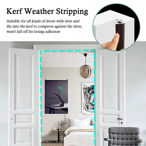 Kerf weather stripping door seal, brown foam, 26 ft, installed along doorway with slot installation.