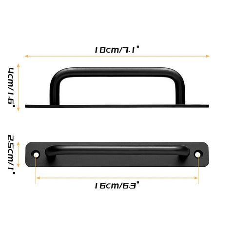 2 Pack Aluminum Sliding Barn Door Handles 7.1 Inch Long 160mm Center To Center Hole Spacing Black Closet Kitchen Cabinet Bathroom Pulls With Plate And Screws, side and top view with dimensions.