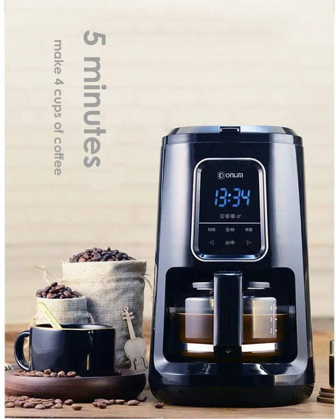 Fully Automatic Coffee Maker With Built In Bean Grinder And Smart Led Touch Display brewing coffee, holds 4 cups on kitchen counter.