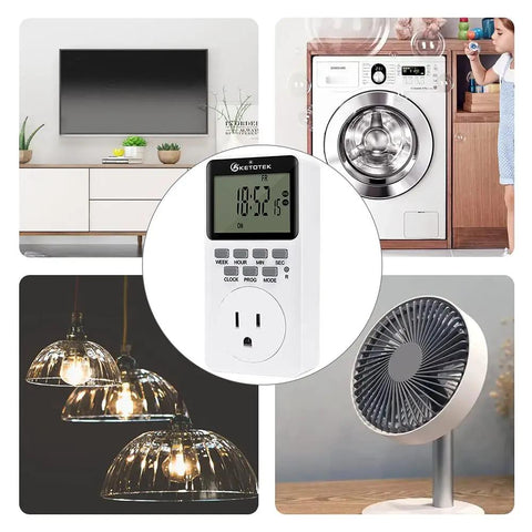 Slick Digital Plug In Timer Socket Featuring A Spacious Lcd Screen And Super Easy Push Button Programming For Hella Energy Savings With Ip20 Safety Ratings For Everyday Home Use, displayed with home electronics.