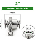 Side view of a 2-inch sanitary check valve in 304 stainless steel with tri-clamp ends.