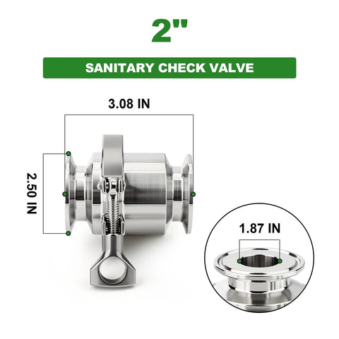 Side view of a 2-inch sanitary check valve in 304 stainless steel with tri-clamp ends.