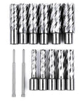 Oscarbide annular cutter set, 13 pieces with Weldon shanks, 2-in depth, diameters 7/16–1-1/16 in, includes pilot pins