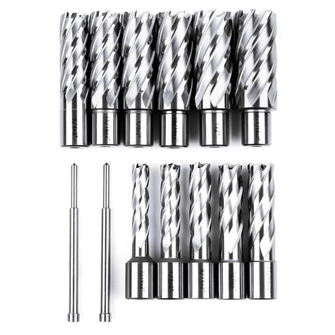 Oscarbide annular cutter set, 13 pieces with Weldon shanks, 2-in depth, diameters 7/16–1-1/16 in, includes pilot pins