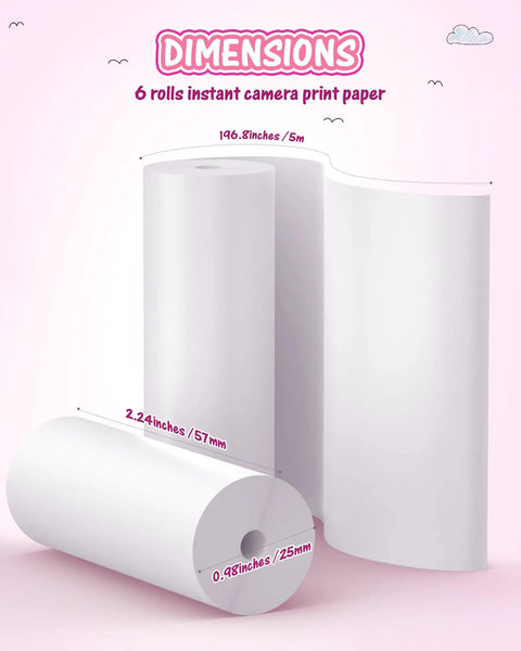 Six Roll Instant Camera Thermal Paper Refill For Kids Compatible With Most Instant Cameras High Gloss White Photo Paper For Rich Colors Durable Thick Print Paper For Clear Long Lasting HD Color Prints 2.24x0.98in, 5m roll dimensions