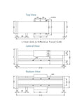 Top, lateral, and bottom view technical drawings of No Bull Heavy Duty CNC Ball Screw Linear Guide Module With Tough Dust Seal Precision Sliding Table Motion Stage Quick Setup Ultra Smooth Travel Upgrade Pack.