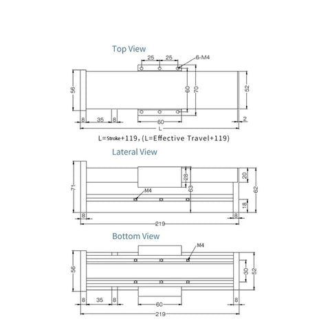 Top, lateral, and bottom view technical drawings of No Bull Heavy Duty CNC Ball Screw Linear Guide Module With Tough Dust Seal Precision Sliding Table Motion Stage Quick Setup Ultra Smooth Travel Upgrade Pack.