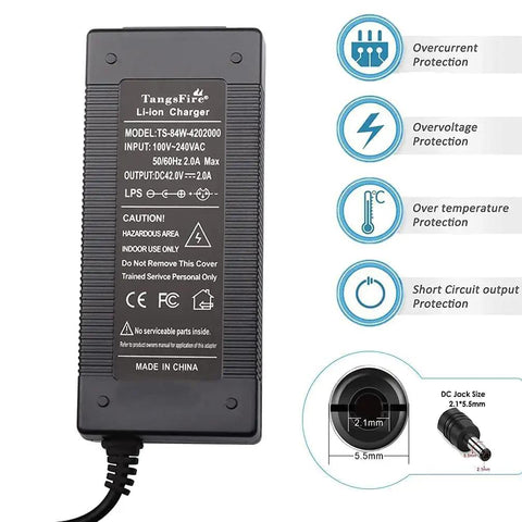 42V DC Replacement Power Adapter With 2A Output For 10S 36V Lithium Battery Packs, 5.5 x 2.1mm Plug, Not 3-Prong