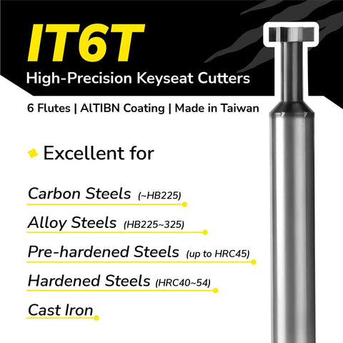 Heavy Duty Keyseat Cutter T Slot End Mill For Precise Keyseat Cuts In Alloy And Hardened Steel with IT6T label and uses