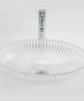 USZWBY Bathroom Vessel Sink Bathroom Crystal Glass Vessel Sink Clear Oval Shape Transparent Basin Bathroom Sink with ribbed design.