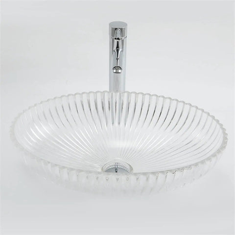 USZWBY Bathroom Vessel Sink Bathroom Crystal Glass Vessel Sink Clear Oval Shape Transparent Basin Bathroom Sink with ribbed design.