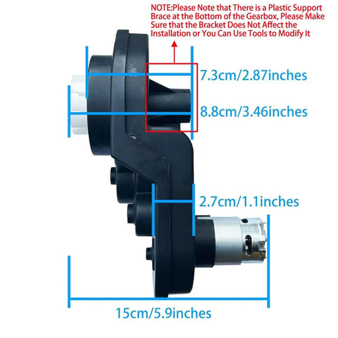 Side view of 12V 35000RPM RS550 Beefed Up High Speed Motor Gearbox Upgrade for Kids Ride On Toys showing dimensions.