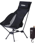 Portable Lightweight Folding Camping Chair With High Back And Pillow, shown with carry bag for moto trips and festivals in black