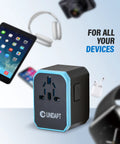 All In One Global Travel Adapter For Europe UK Australia And US with 1 AC outlet, 1 USB-C port, and 4 USB-A ports displayed.