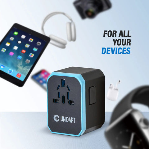 All In One Global Travel Adapter For Europe UK Australia And US with 1 AC outlet, 1 USB-C port, and 4 USB-A ports displayed.