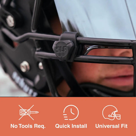 Close-up of Ultimate Football Helmet Visor Clips Set With Quick Release Screws installed on helmet, showing universal fit.
