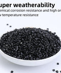 Black plastic granules in white bowl with text highlighting weather resistance and temperature resilience.