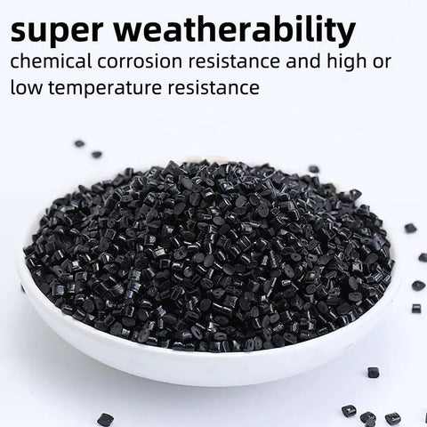 Black plastic granules in white bowl with text highlighting weather resistance and temperature resilience.