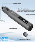 Cordless Rotary Tool Kit With 6 Speed Settings And 24 Accessories For Sanding Polishing Drilling Engraving And DIY Crafts Rechargeable 3.7V Mini Multi Tool showing speed controls and buttons.