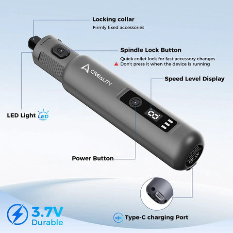 Cordless Rotary Tool Kit With 6 Speed Settings And 24 Accessories For Sanding Polishing Drilling Engraving And DIY Crafts Rechargeable 3.7V Mini Multi Tool showing speed controls and buttons.