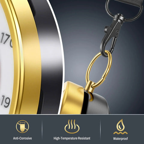 2 In 1 Sauna Thermometer And Hygrometer For Home Infrared Indoor Use Portable Steam Sauna Box Accessory Precision Temperature Gauge And Humidity Monitor Measures 68 To 212 Fahrenheit And 0 To 100 Percent Humidity, gold-rim close-up with carabiner