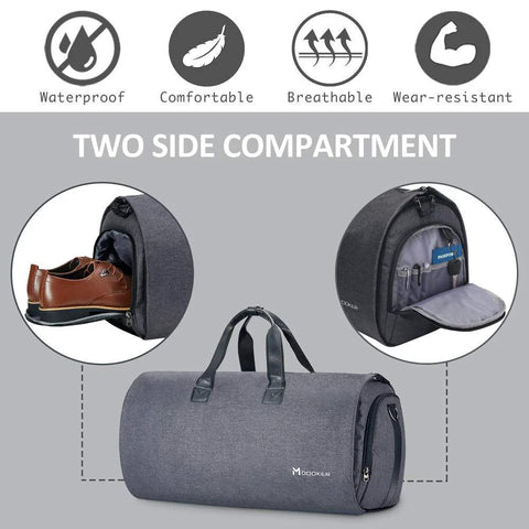 Convertible garment duffel bag with shoe and passport compartments, waterproof, comfortable, breathable, and wear-resistant design.