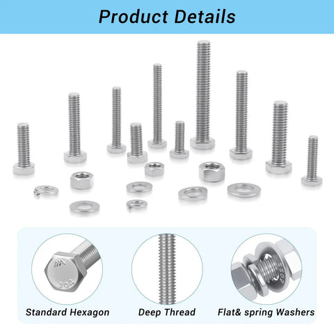Kickstart Every Job With This Dang Tough 304 Stainless Steel Hex Bolt And Nut Assortment Kit With Heavy Duty Case For Auto And Home Repairs Smooth Threading No Sweat Fixes In 246 Piece Set including various hex bolts, nuts, and washers.