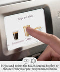 Super Solid Game Changer All In One Espresso Machine With Built In Grinder And Smooth Touch Panel For Quick Beans To Cup Brews In Stylish Brushed Stainless Steel Certified Remanufactured Setup touchscreen selecting latte.