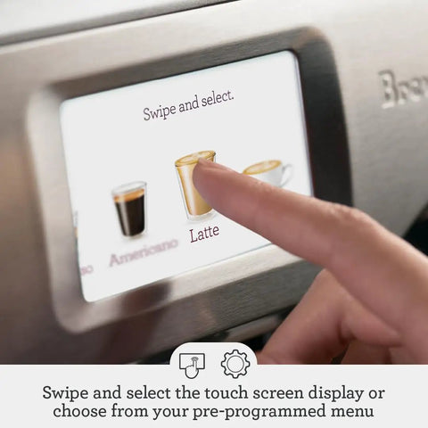 Super Solid Game Changer All In One Espresso Machine With Built In Grinder And Smooth Touch Panel For Quick Beans To Cup Brews In Stylish Brushed Stainless Steel Certified Remanufactured Setup touchscreen selecting latte.