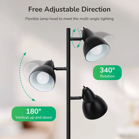 Three Adjustable Rotating Heads Go-To Tree Floor Lamp In Black Industrial Rustic Style with 340° and 180° rotation features.