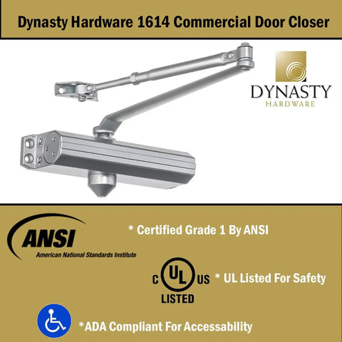 Grade 1 Heavy Duty Commercial Door Closer With Adjustable Spring Size 1-4, Self Closing, ADA Compliant, Surface Mount, Aluminum Finish, Non Handed For Regular Arm, Top Jamb Or Parallel Arm, Series 1614