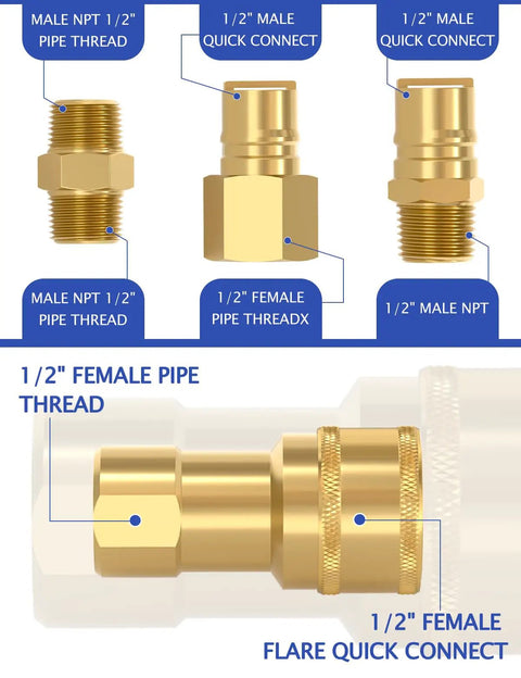 Half Inch Natural Gas Quick Connect Fittings Kit With Solid Brass Propane Hose Adapter For Grill And Heater Includes Male And Female Couplers With Dust Cap For Leak Free All Season Use, showing connectors and threads.