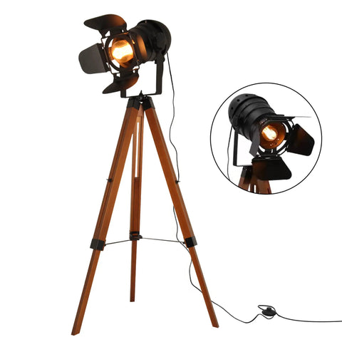 Retro Industrial Tripod Floor Lamp With Black Metal Frame And Natural Wood Legs, Stage Light Style Head, Adjustable Height And Tilt