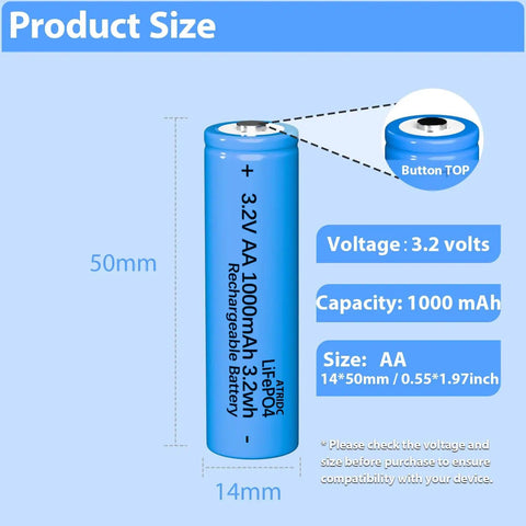 LiFePO4 AA 3.2V Solar Battery Rechargeable Double A For Outdoor Solar Lights Garden Lanterns And Post Lights 4 Pack With Extended Cycle Life Over 1500 Cycles size and specs