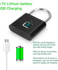 One Touch Fingerprint Lock With USB Charging for lock illustration showing lithium battery and USB adapter.