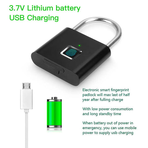 One Touch Fingerprint Lock With USB Charging for lock illustration showing lithium battery and USB adapter.