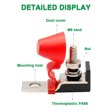 Marine Rated Battery Fuse Block For 30 To 300 Amp Fuses, MRBF Terminal Fuse Holder Kit With Red Cap, Washer, Lock Washer, And M8 Nut For Reliable Marine Power Distribution And Electrical Safety. Red cap MRBF fuse block with M8 stud, PA66 base, and mounting hole