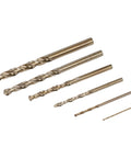 Six-piece cobalt drill bit set, HSS, round shanks, angled view for metal drilling