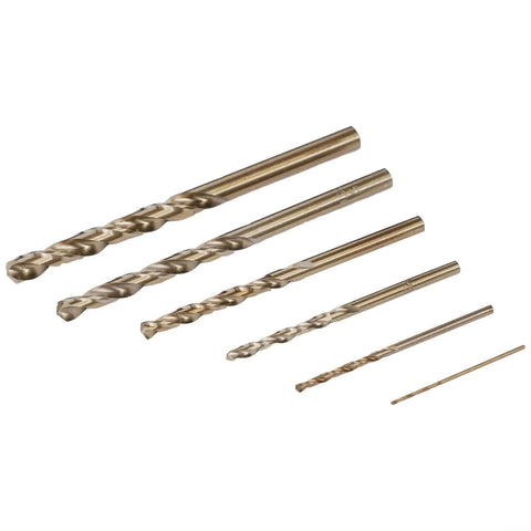 Six-piece cobalt drill bit set, HSS, round shanks, angled view for metal drilling