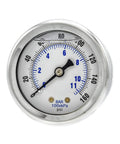 2-inch glycerine-filled center-back mount pressure gauge with stainless steel case, 0–160 psi, 1/4 in NPT, brass internals.