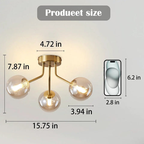 Three Light Sputnik Chandelier In Bold Gold Finish Semi Flush Mount Ceiling Light Fixture With Glass Globe, dimensions shown