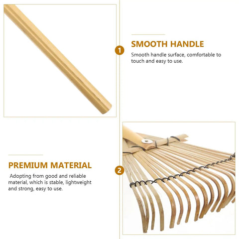Image of Lightweight Bamboo Rake With Wooden Handle For Leaves And Lawn, showing smooth handle and premium material tines.