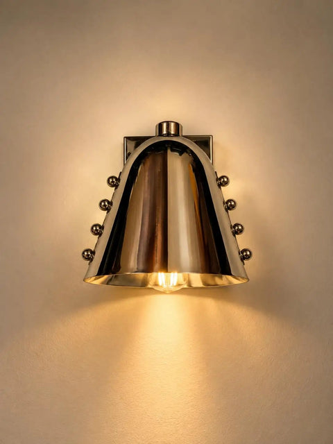 Modern Adjustable Chrome Wall Sconce Polished Metal E26, sleek brass spotlight lamp mounted on wall, interior lighting.