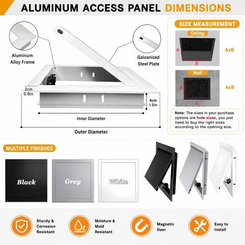 Heavy Duty Aluminum Flush Mount Access Panel dimensions diagram showing sizes and finishes, 8X12 inch design for drywall.
