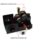 Close-up of Air Compressor Pressure Switch Control Valve Kit 110V-240V with motor and power line connections visible.